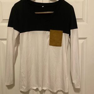 Black and White Long Sleeve Top with Tan Pocket